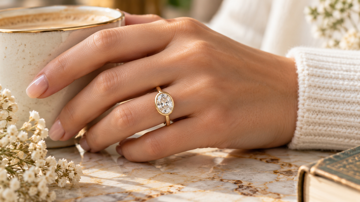 Oval lab-grown diamond bezel setting engagement ring in yellow gold