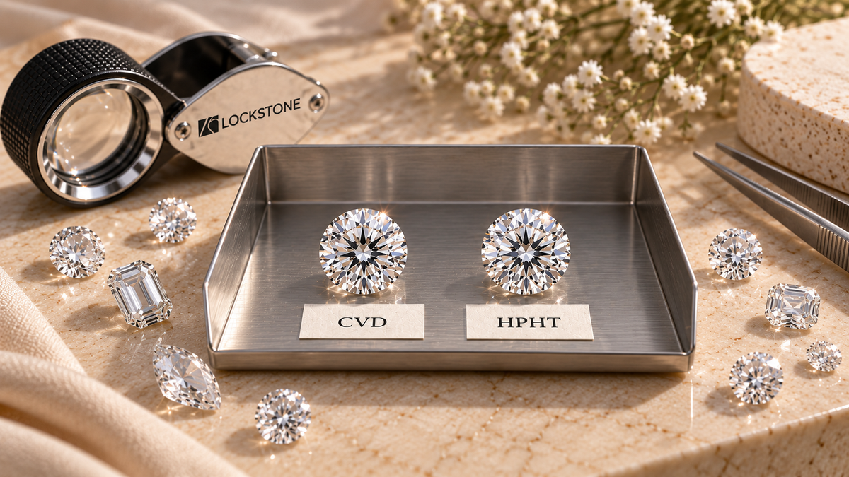CVD vs HPHT lab-grown diamonds side by side.