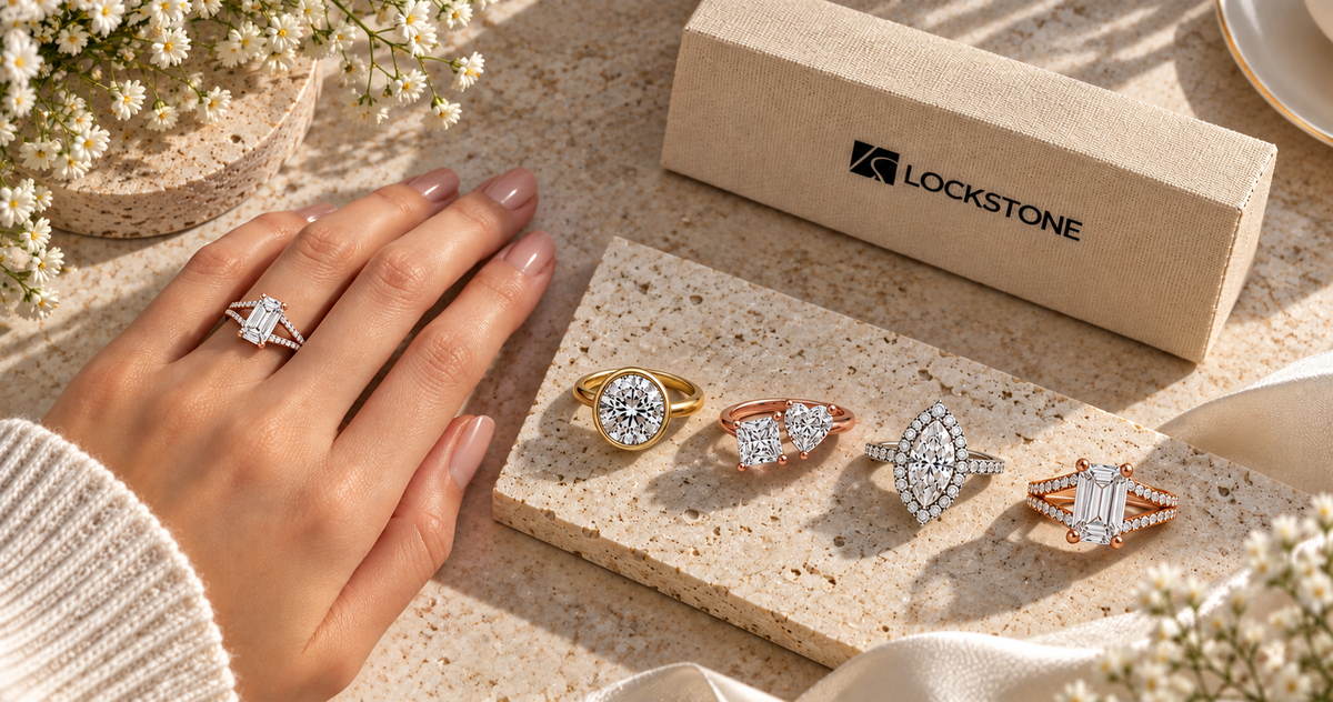 Lab-grown diamond unique engagement rings in solitaire, bezel, toi et moi, halo, and split-shank from Lockstone Jewels.
