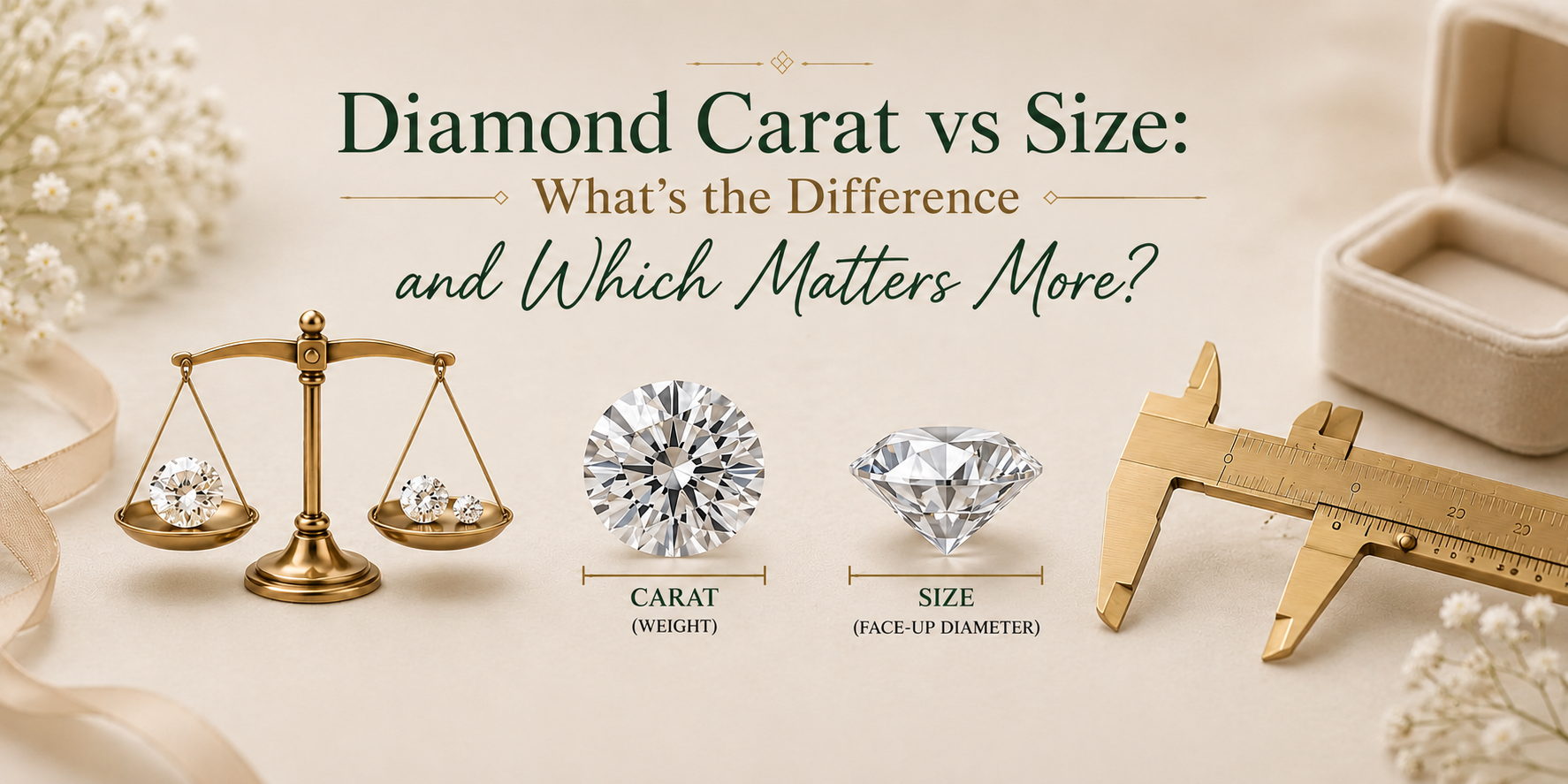 Diamond carat and size the difference to understand in jewelry.