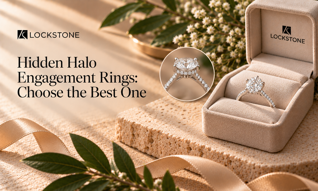 Hidden halo engagement ring in the Lockstone brand box to select the famous design.