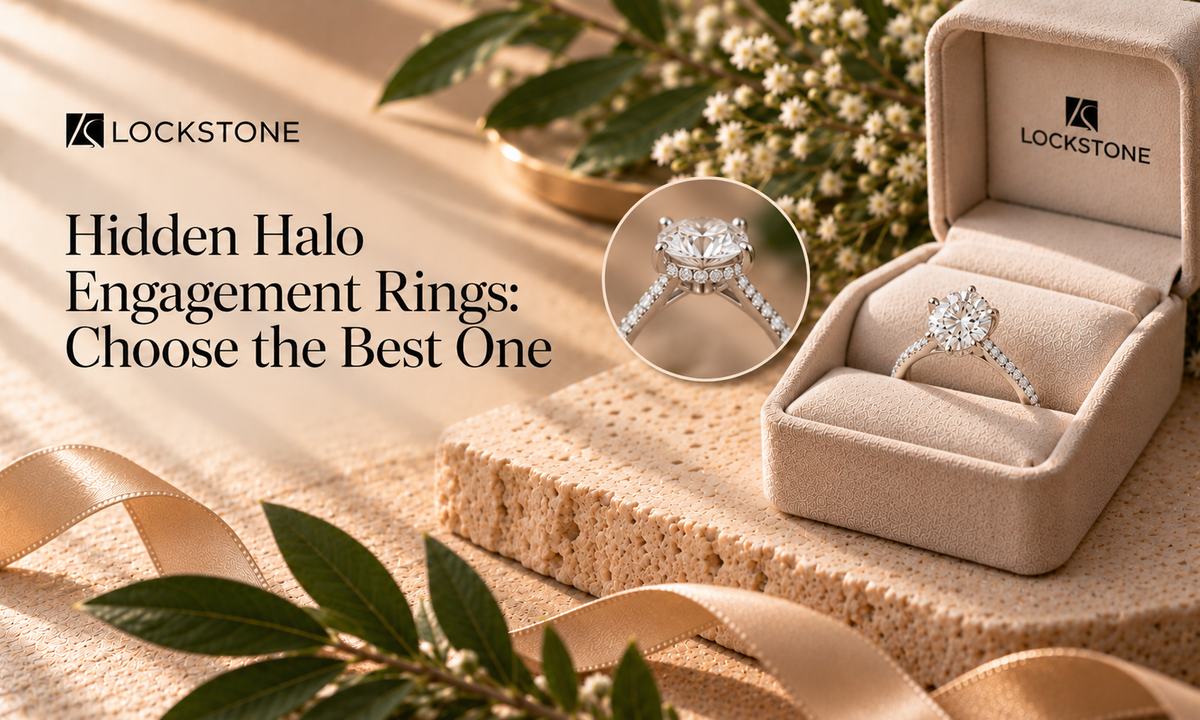 Hidden halo engagement ring in the Lockstone brand box to select the famous design.
