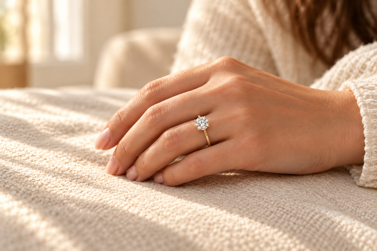 Hand wearing a round diamond solitaire ring in a yellow gold band, resting on cream fabric in soft natural light.