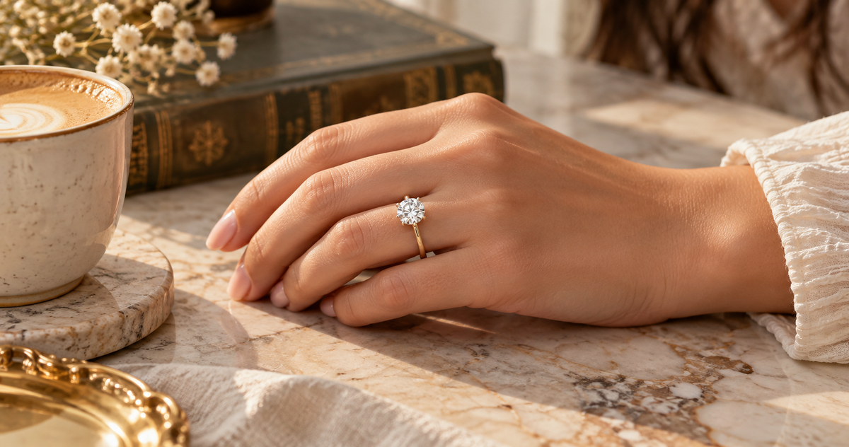Old money aesthetic engagement ring with a classic laboratory-grown diamond and yellow gold band