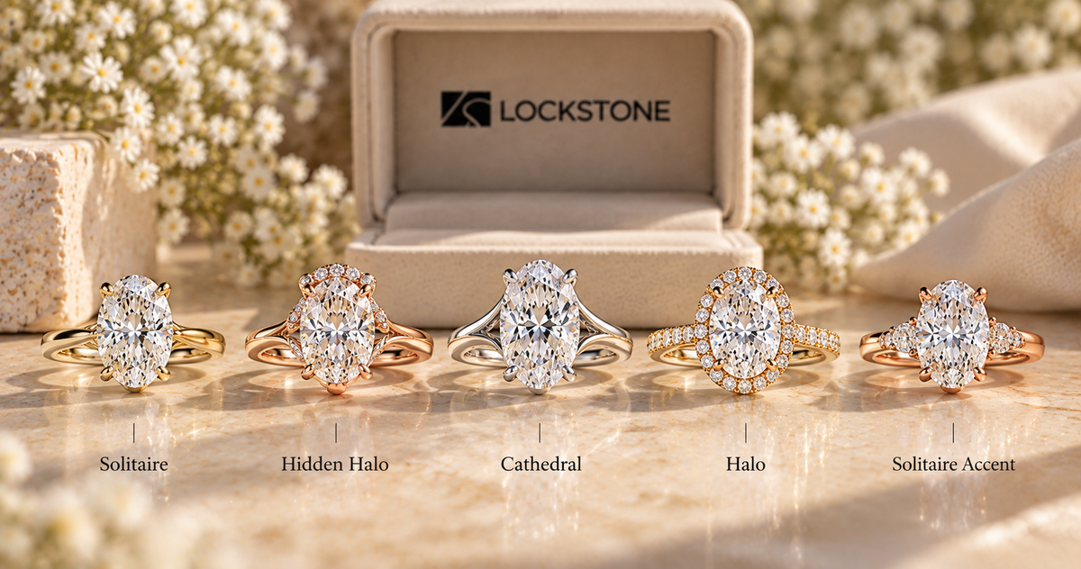 Five oval diamond ring settings compared: solitaire, halo, bezel, hidden halo, and three-stone.