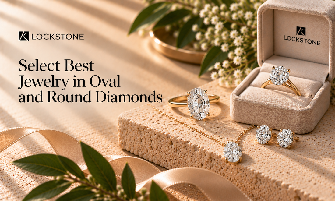 Oval-shaped and round-cut diamond jewelry in the Lockstone brand box.