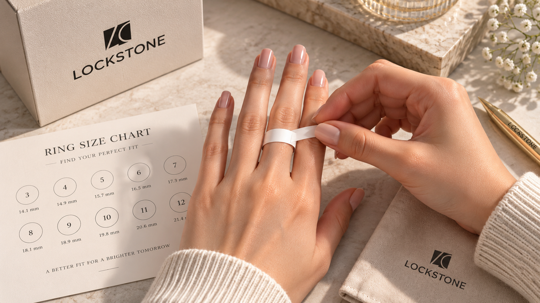 A woman measuring ring size using paper and confirming it with the ring size chart.
