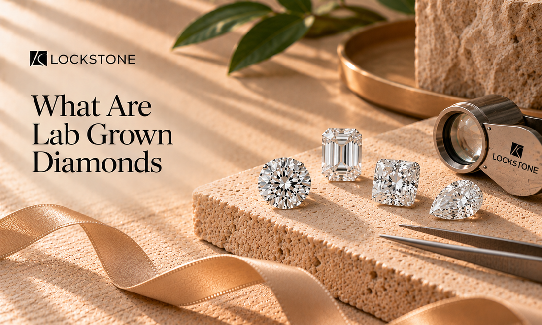 Round, emerald, cushion, and pear-shaped lab-grown diamonds made with the Lockstone Jewels.