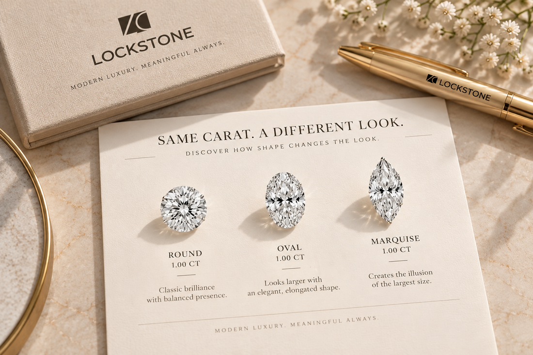 Side-by-side comparison of a round, oval, and marquise diamond of equal carat weight, viewed top-down, to show the visible size difference