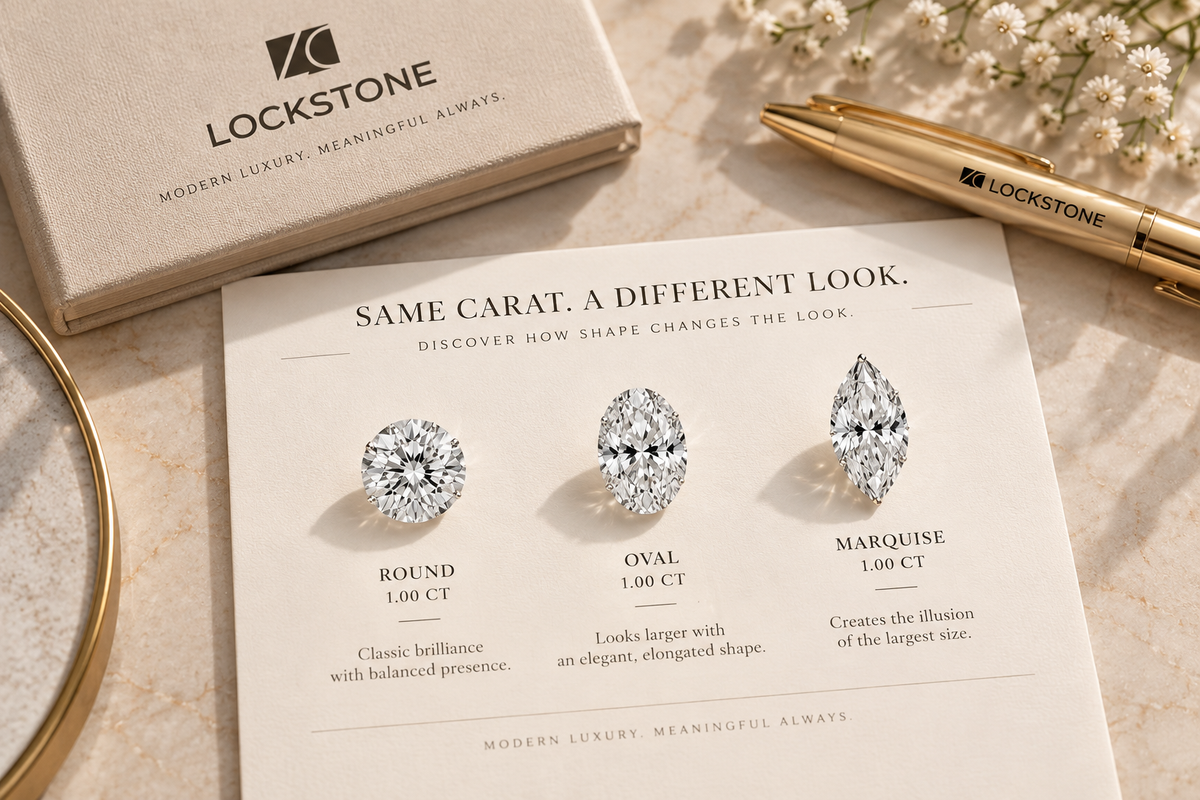 Side-by-side comparison of a round, oval, and marquise diamond of equal carat weight, viewed top-down, to show the visible size difference
