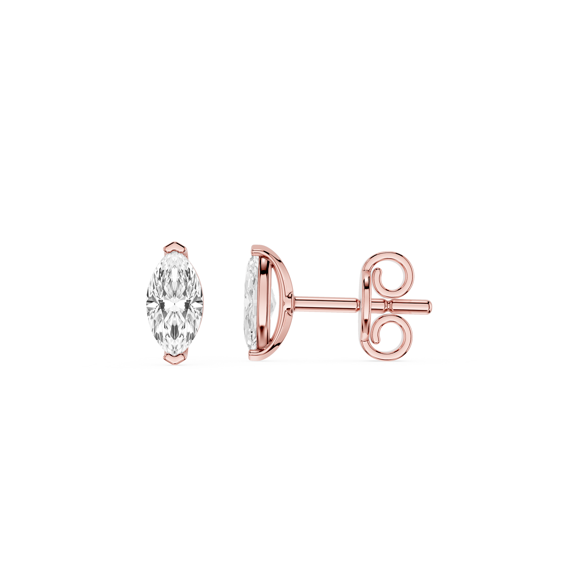Rose gold earrings with clear gemstones on a white background
