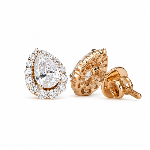 1.5 Carat Pear Cut Lab Grown Diamond Halo Stud Earrings in yellow gold