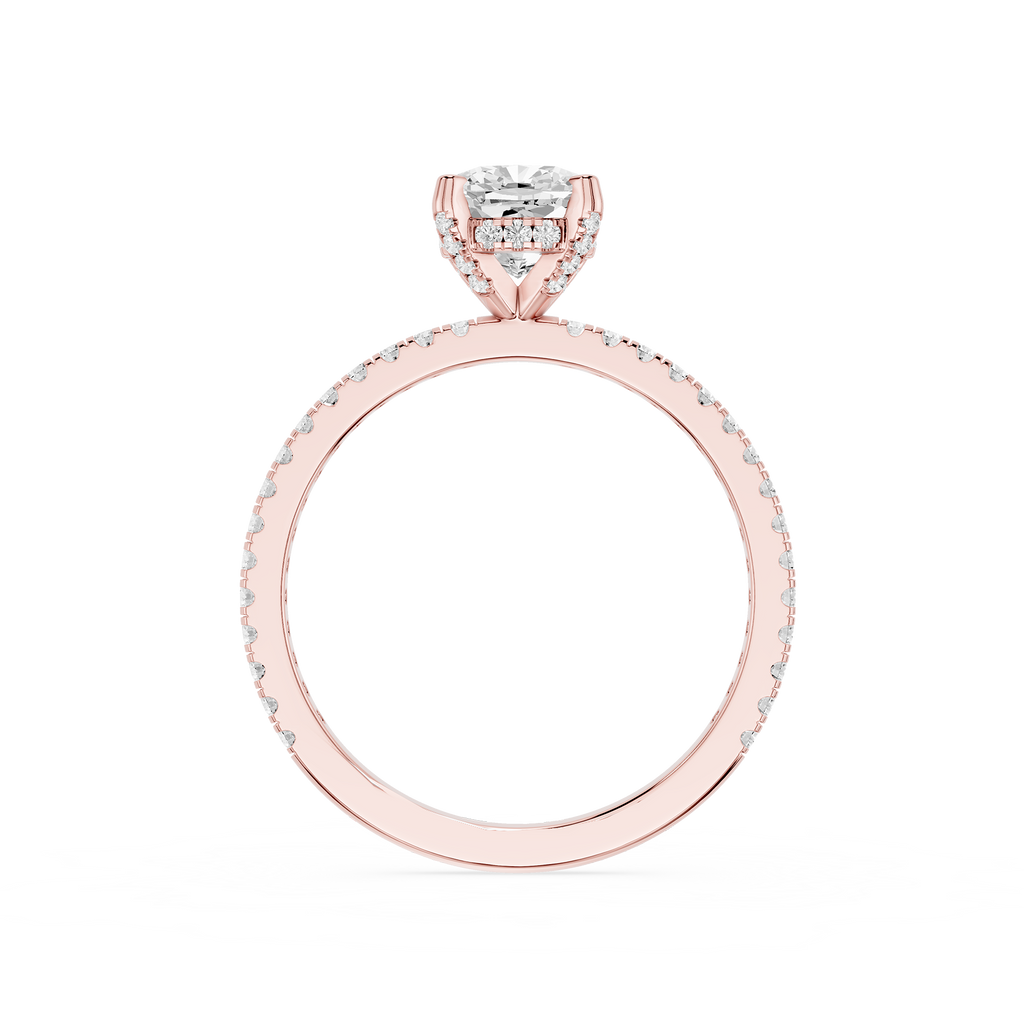 Rose gold ring with diamond accents on a white background