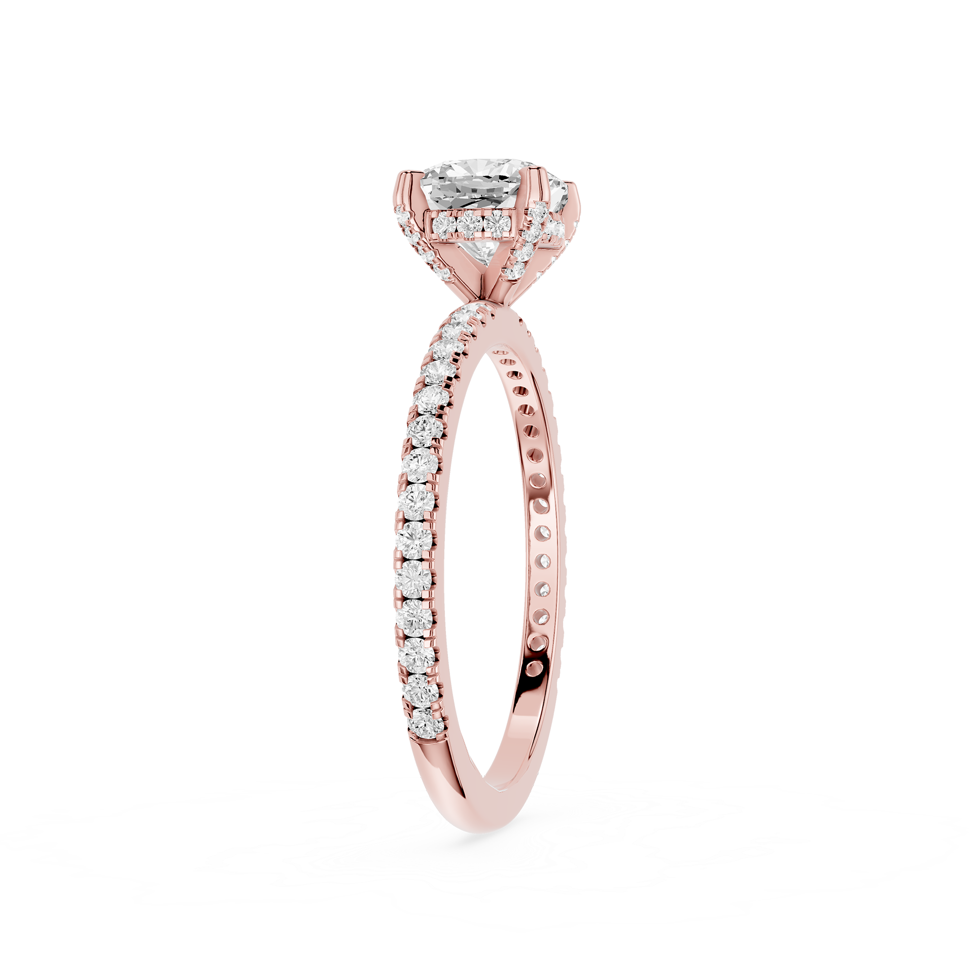 Rose gold diamond ring on a white background