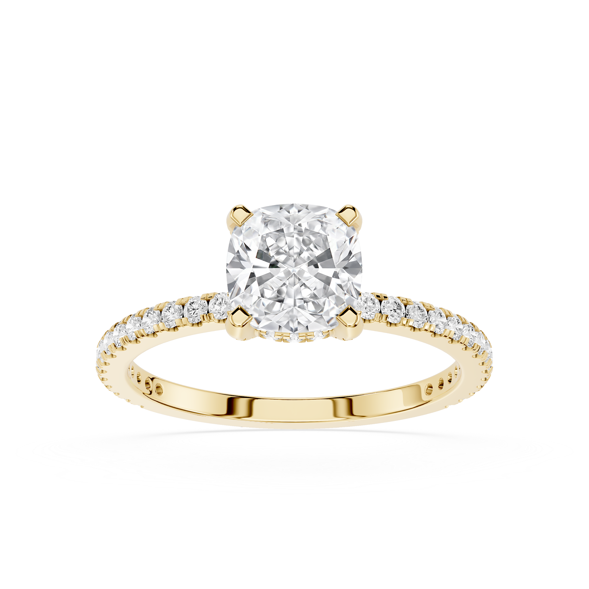 Gold ring with a large diamond and smaller diamonds on the band against a white background