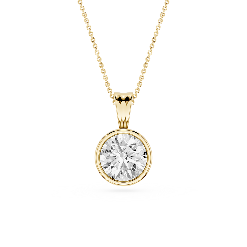 Gold necklace with a round diamond pendant on a white background