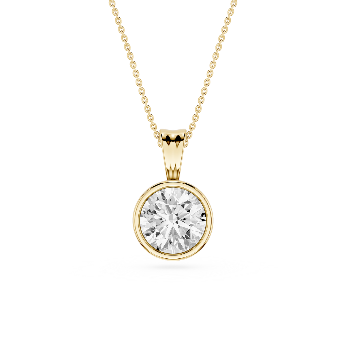 Gold necklace with a round diamond pendant on a white background