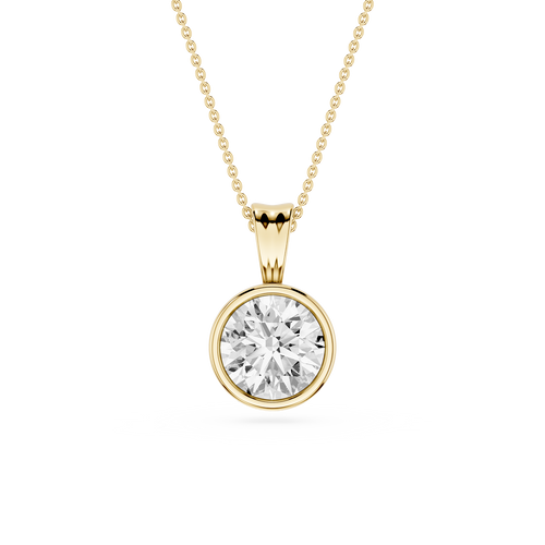 Gold necklace with a round diamond pendant on a white background