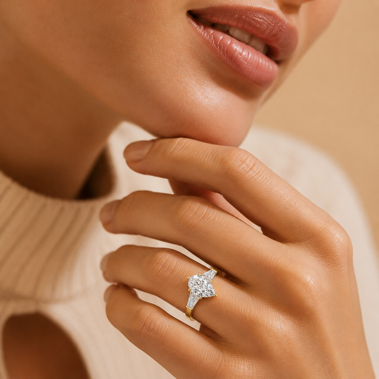Close-up of a hand wearing a diamond ring with a neutral background