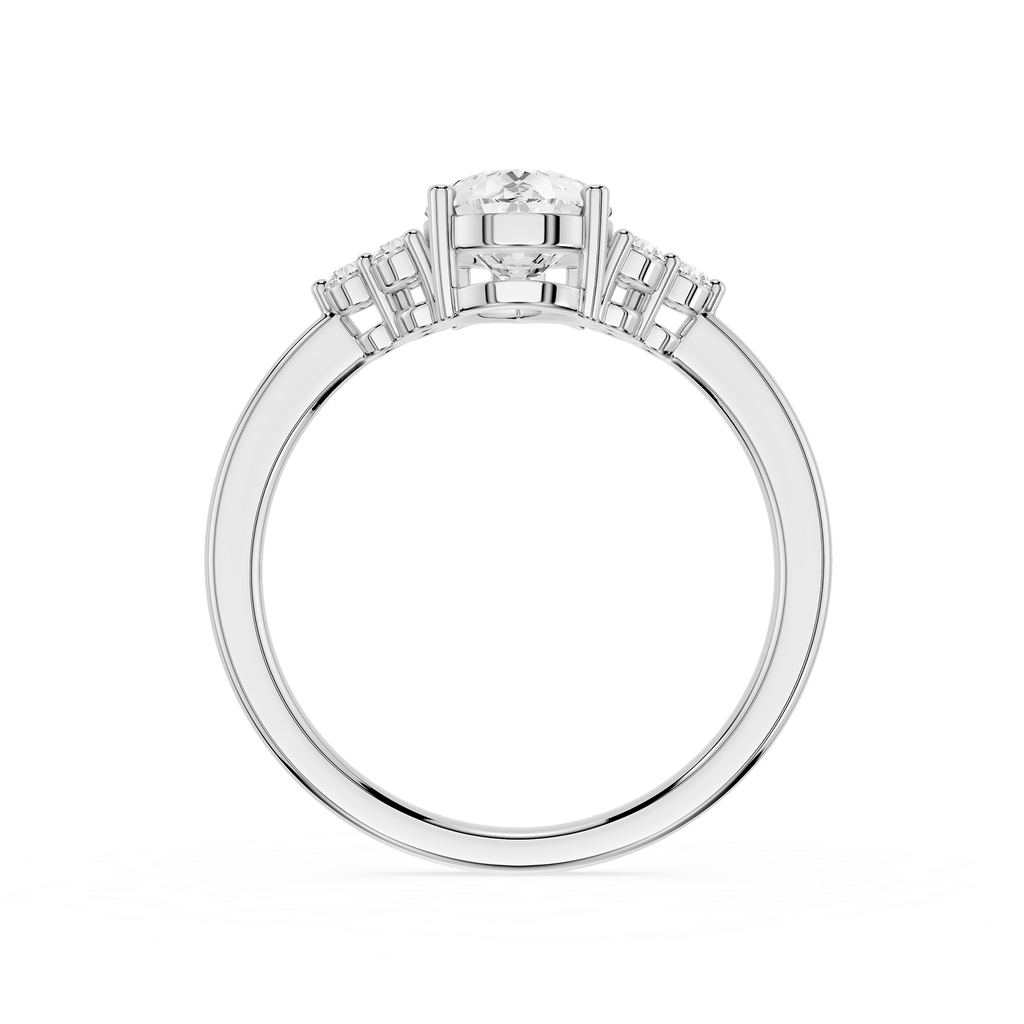 Silver ring with a central diamond and smaller stones on a white background