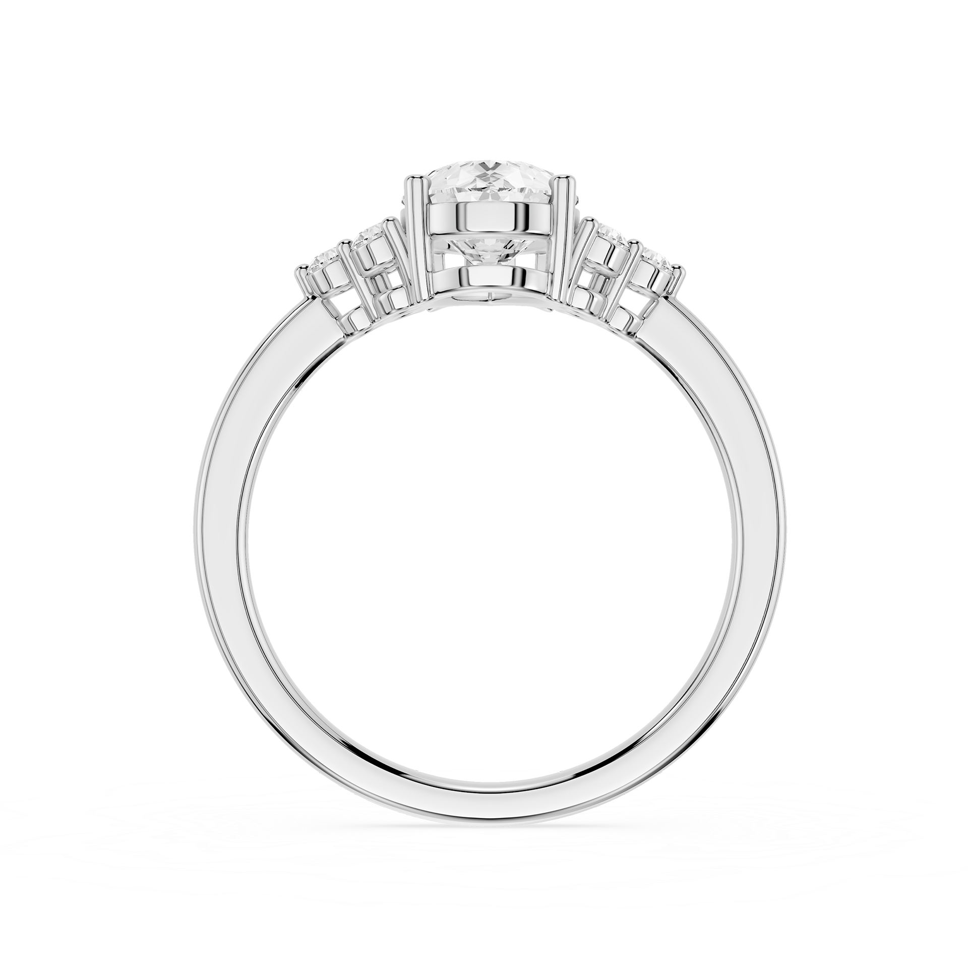 Silver ring with a central diamond and smaller stones on a white background