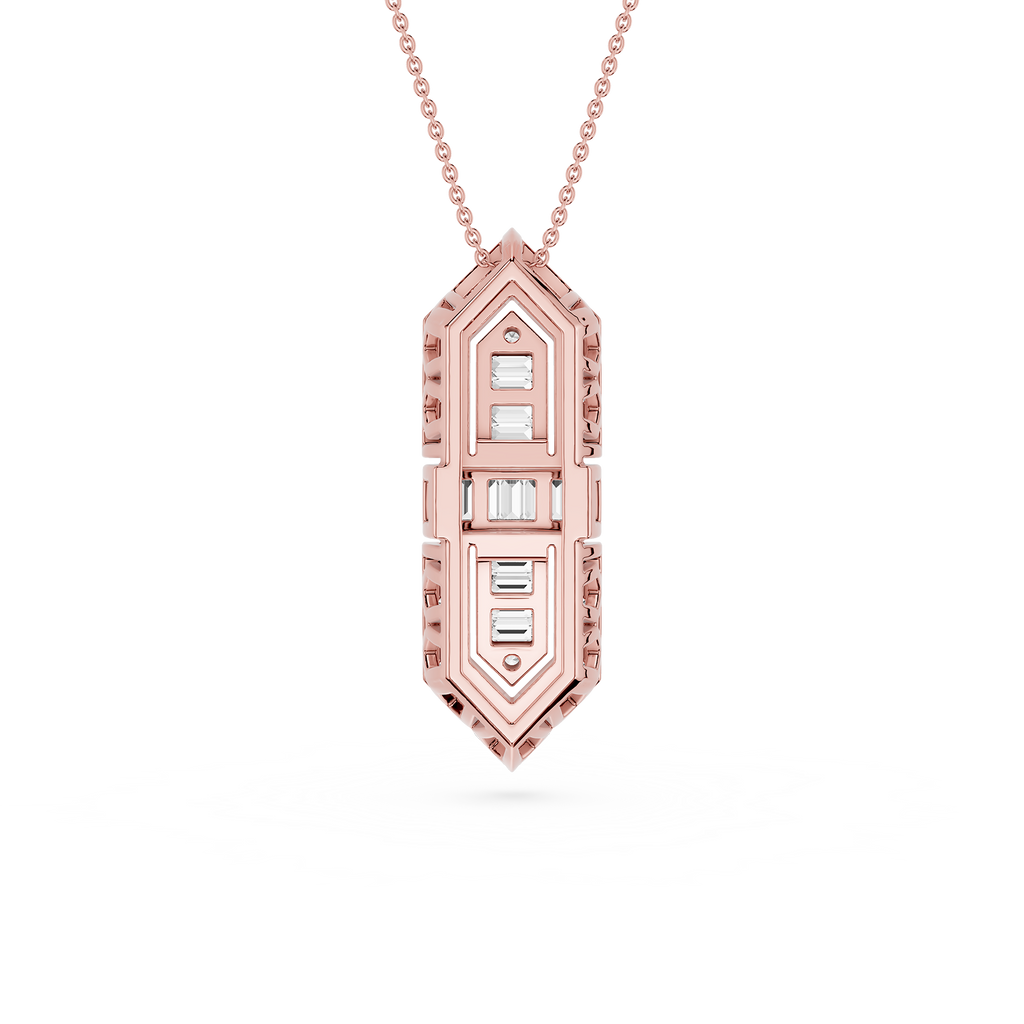 Rose gold necklace with a detailed pendant on a white background