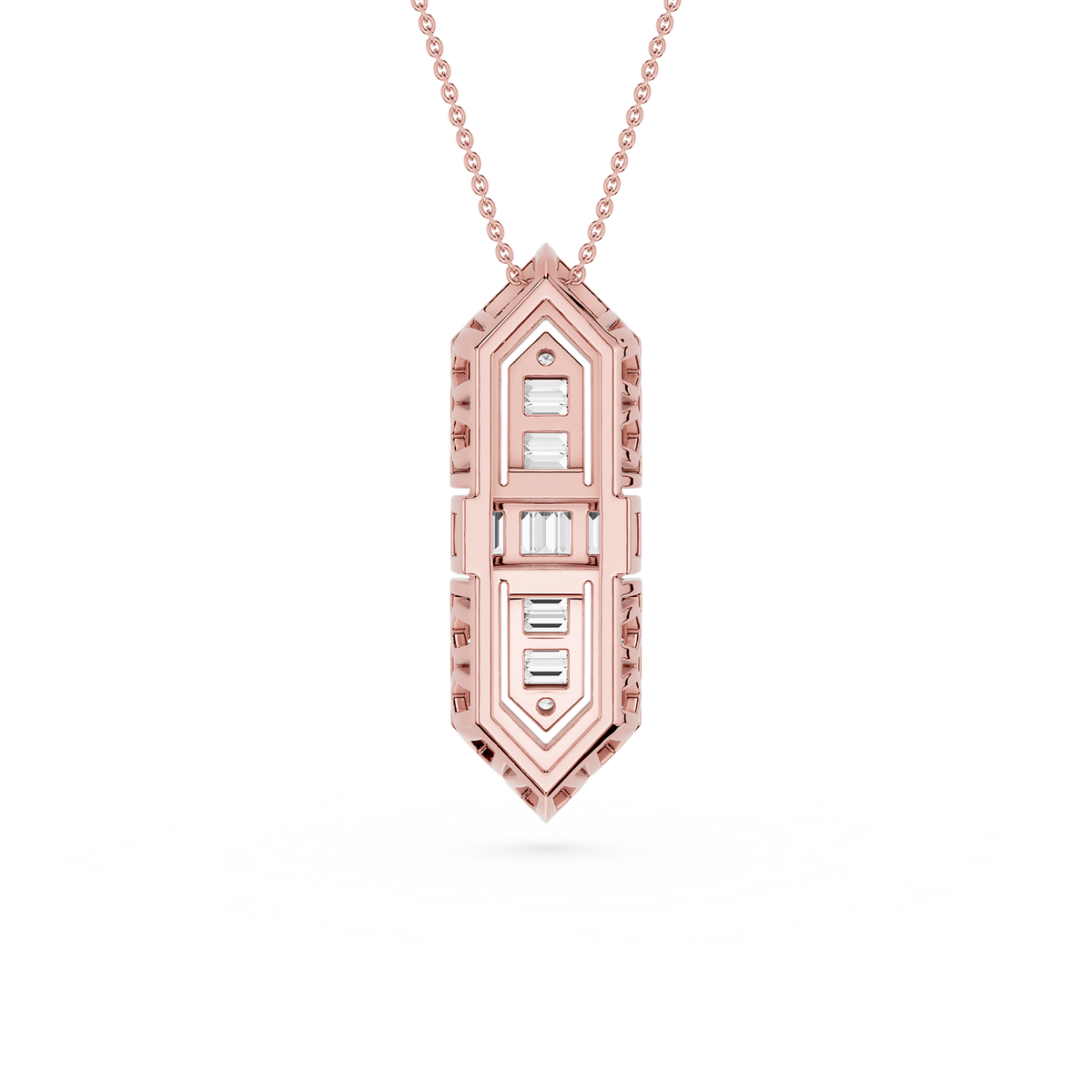 Rose gold necklace with a detailed pendant on a white background