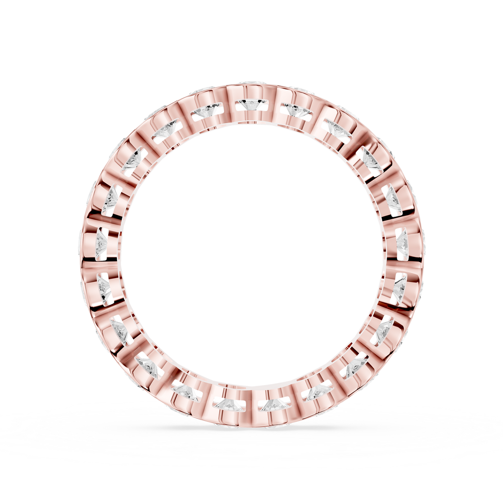 A full circle of bezel set round lab diamonds forms this rose gold eternity wedding band with a repeating wave pattern