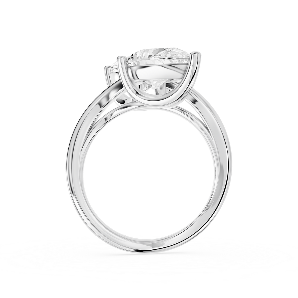 Prong set pear cut lab diamonds meet at the center of this white gold bypass ring with a sculpted curved band