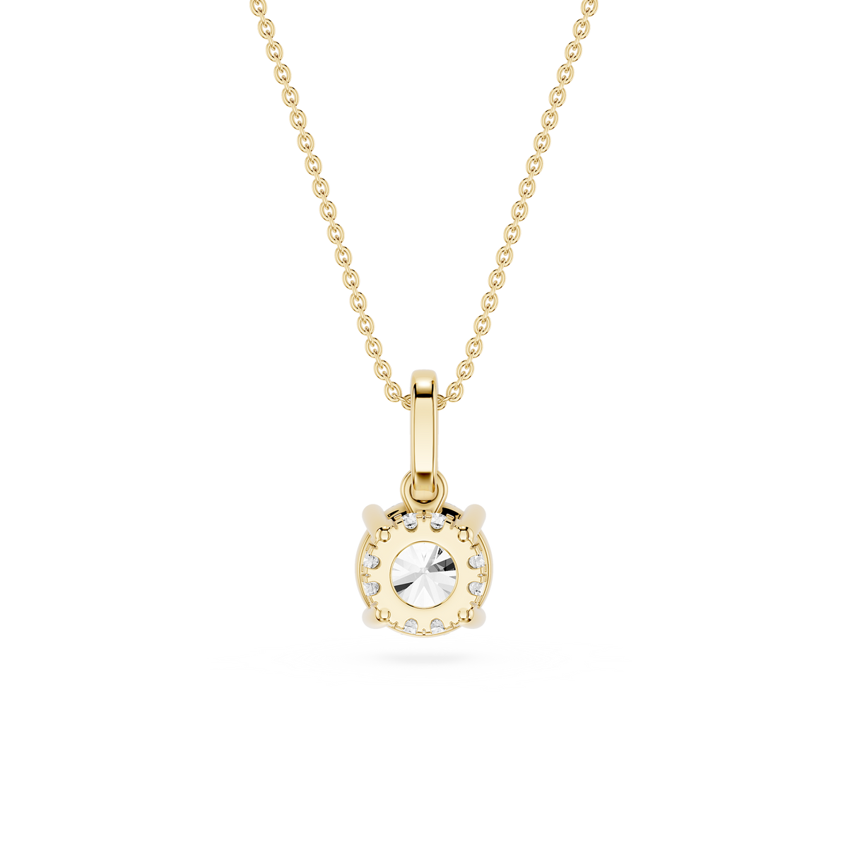 Back View Of Yellow Gold 1 Ct Round Cut Lab Grown Diamond Hidden Halo Solitaire Pendant