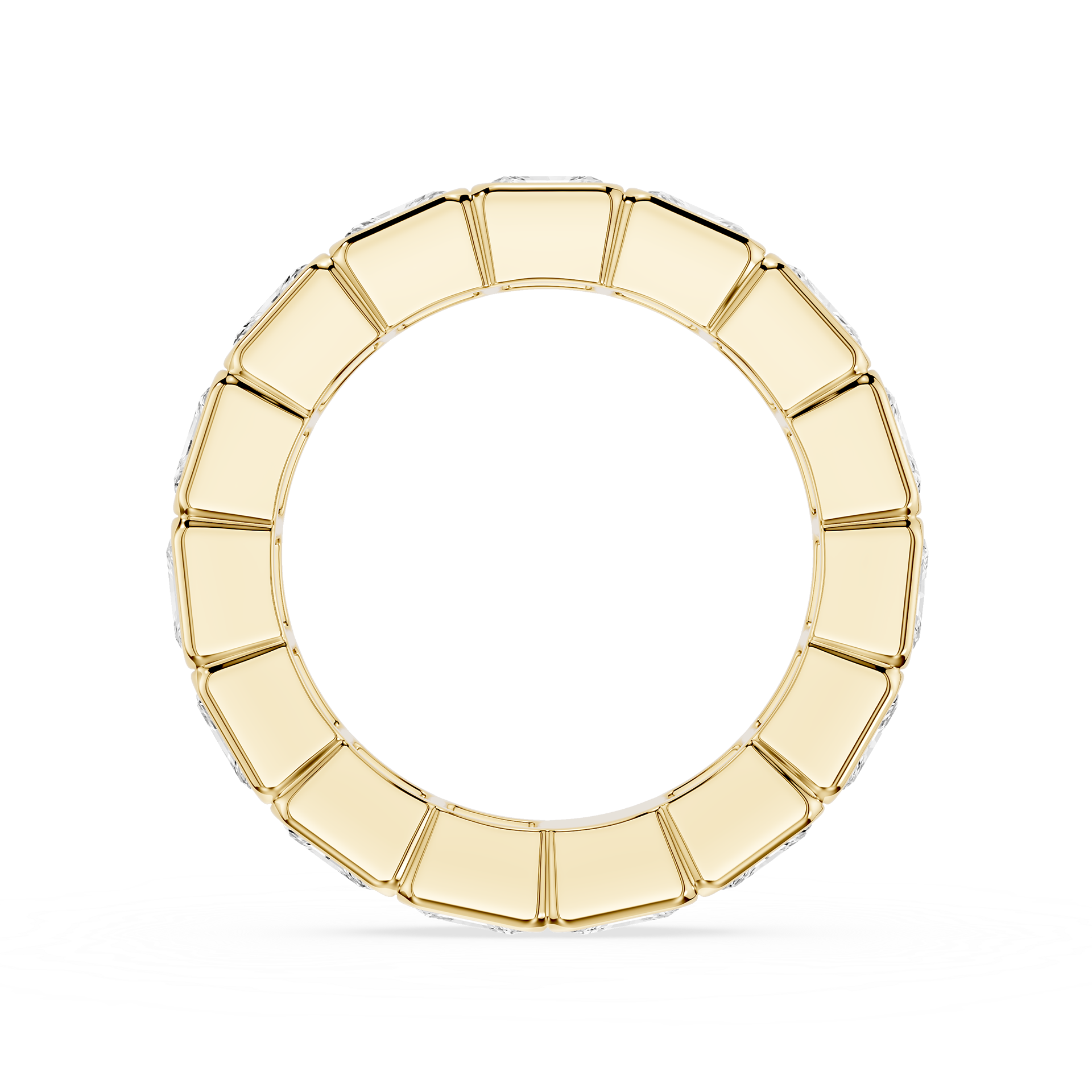 A gold segmented ring with a circular design, featuring a polished finish and a subtle shadow beneath, set against a plain white background.