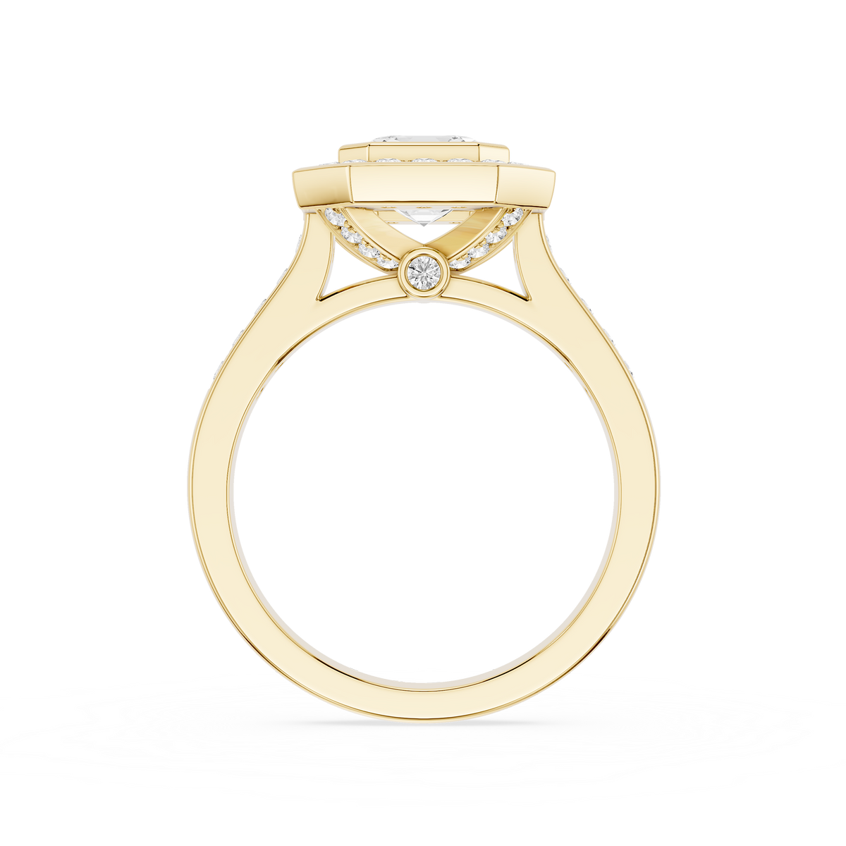 Back View Of Art Deco Emerald Cut Lab Diamond Double Halo Engagement Ring