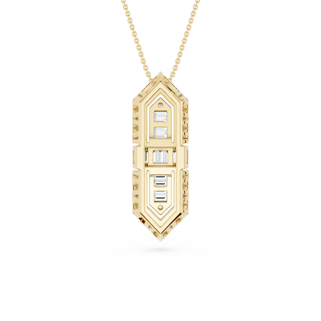 Gold pendant necklace with diamond accents on a white background