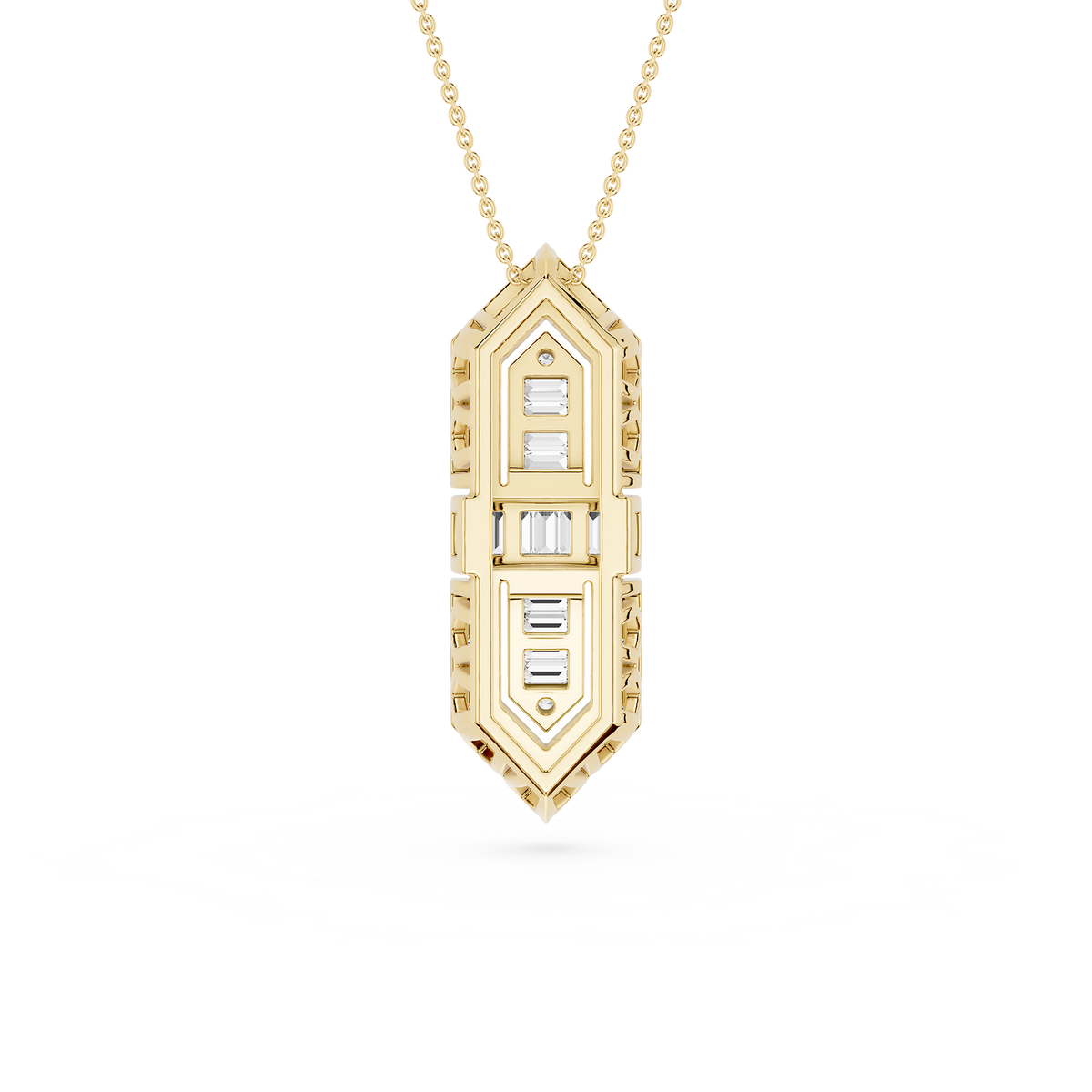 Gold pendant necklace with diamond accents on a white background