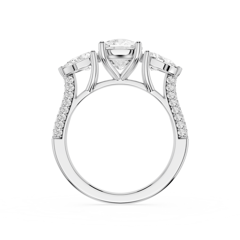 White Gold Cushion & Pear Cut 3 Stone Lab Diamond Pave Engagement Ring
