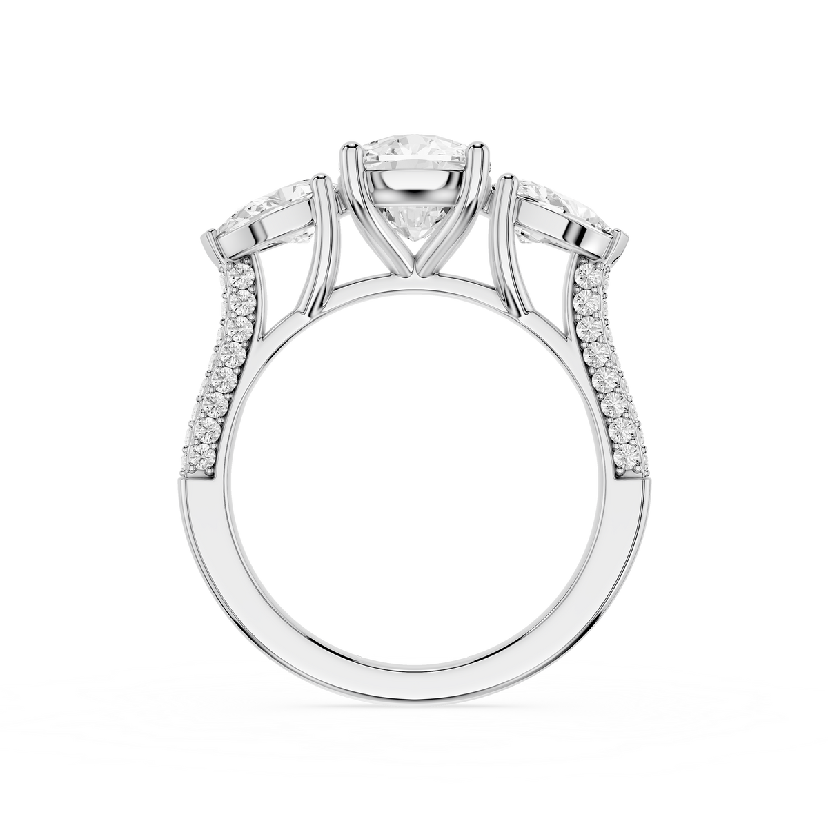 White Gold Cushion & Pear Cut 3 Stone Lab Diamond Pave Engagement Ring