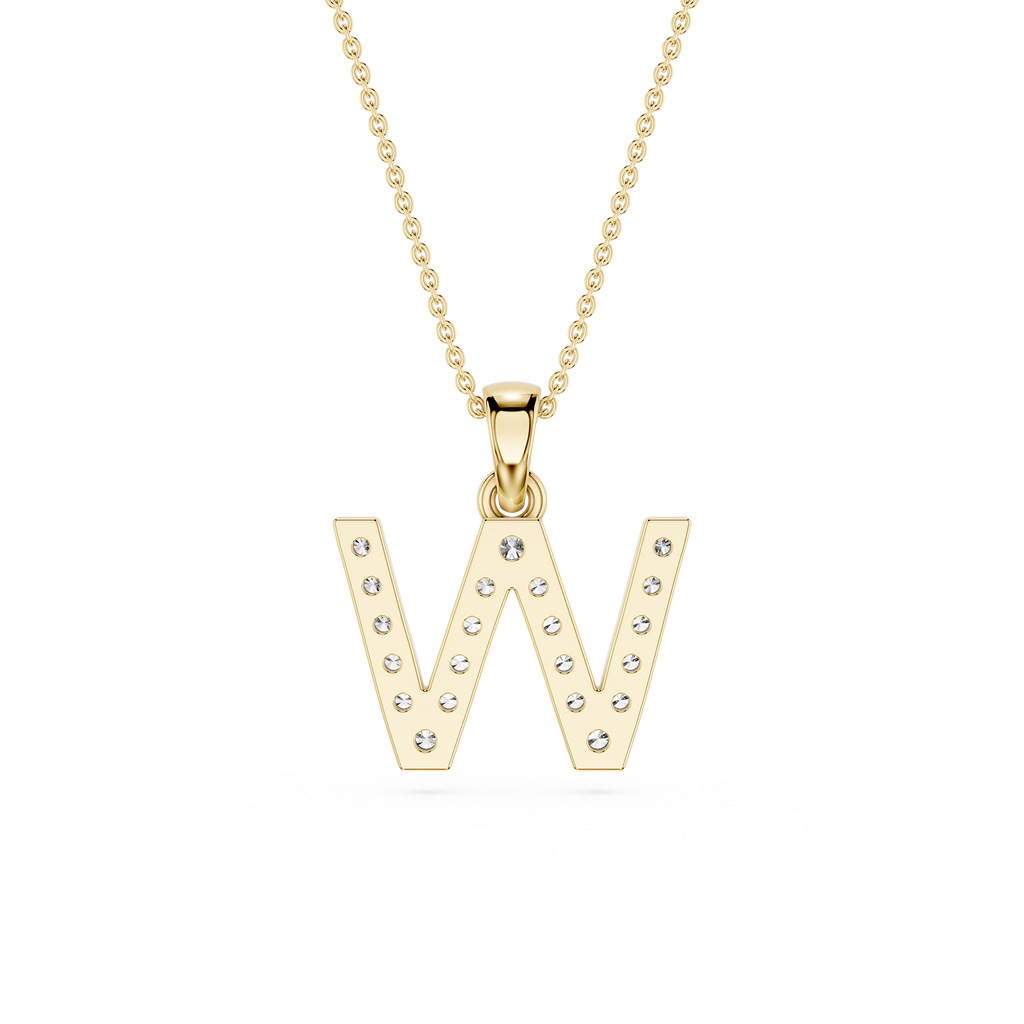 Gold necklace with a letter 'W' pendant on a white background