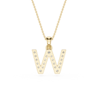 Gold necklace with a letter 'W' pendant on a white background
