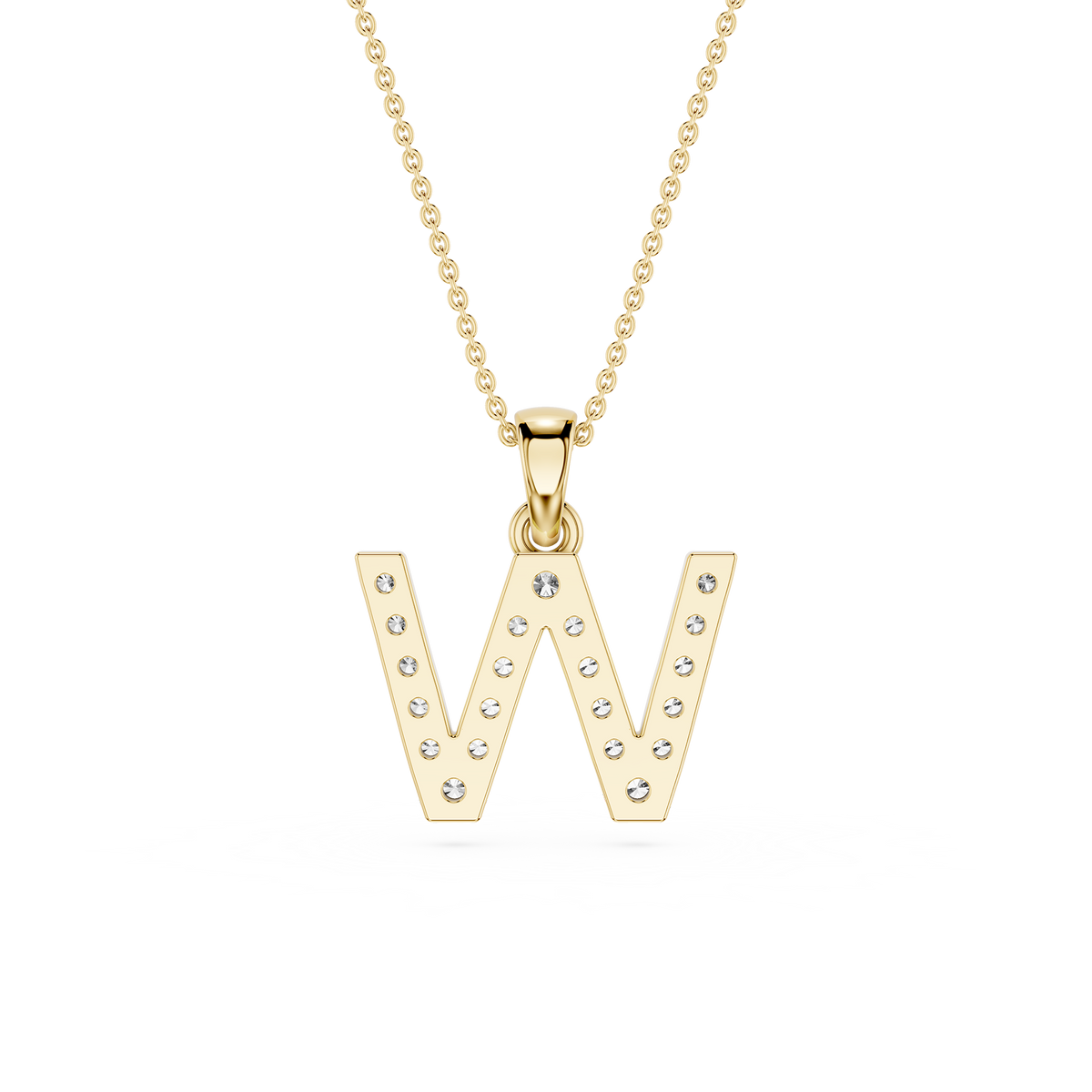 Gold necklace with a letter 'W' pendant on a white background
