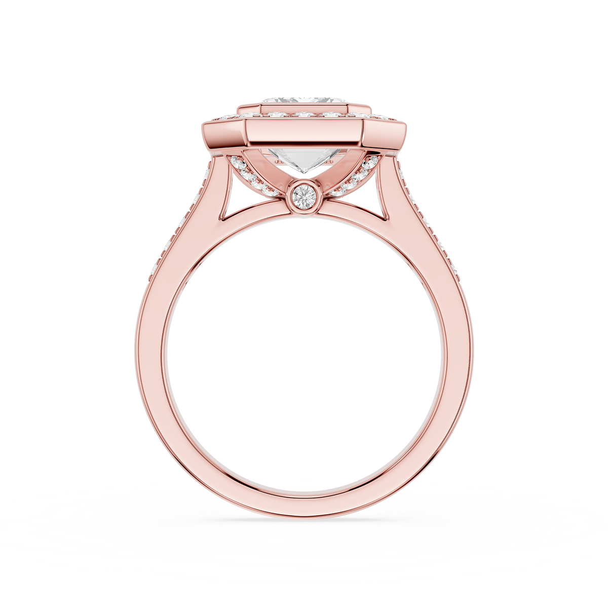 Back View Of Rose Gold Emerald Cut Bezel Hidden Halo Lab Diamond Engagement Ring