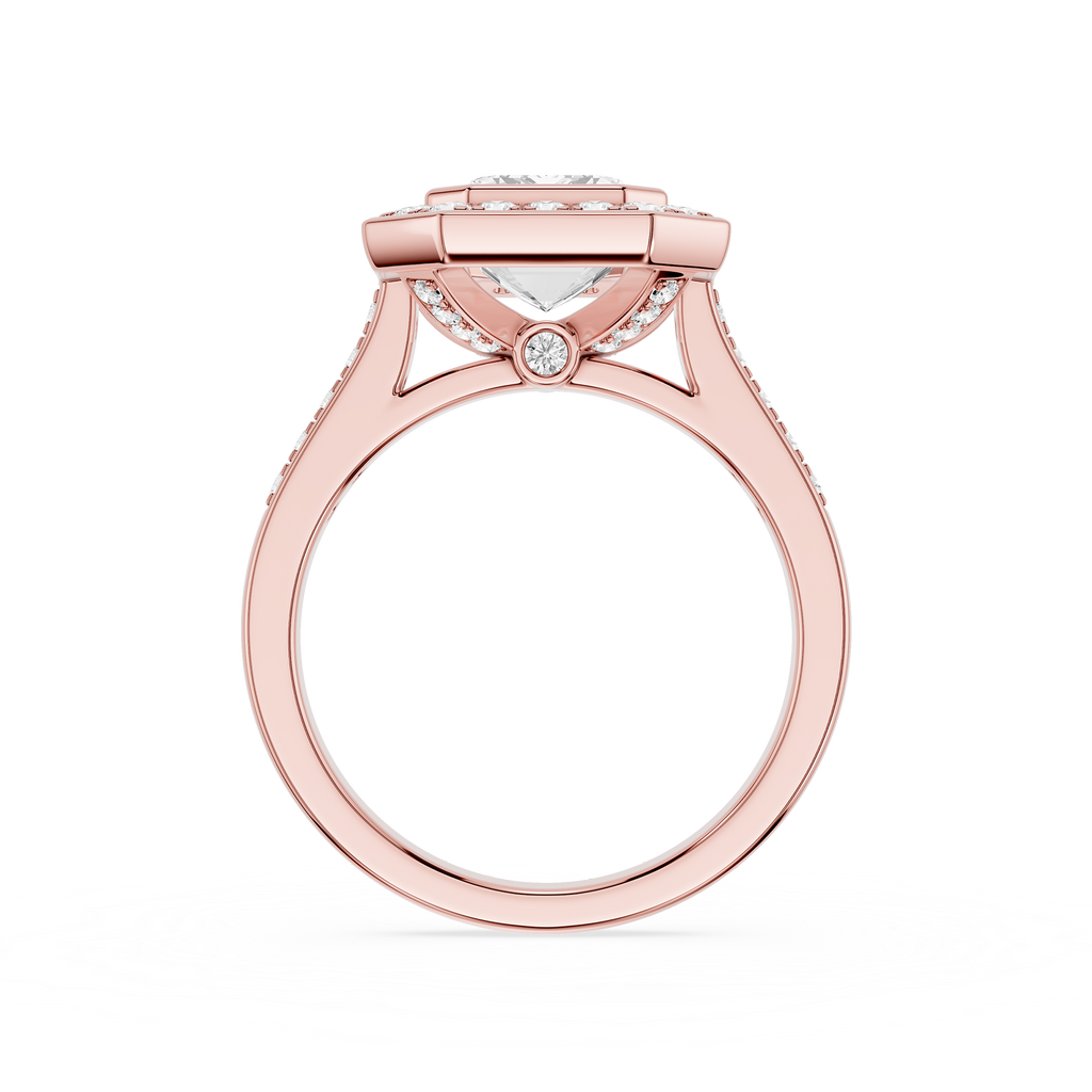Rose gold ring with a diamond on a white background