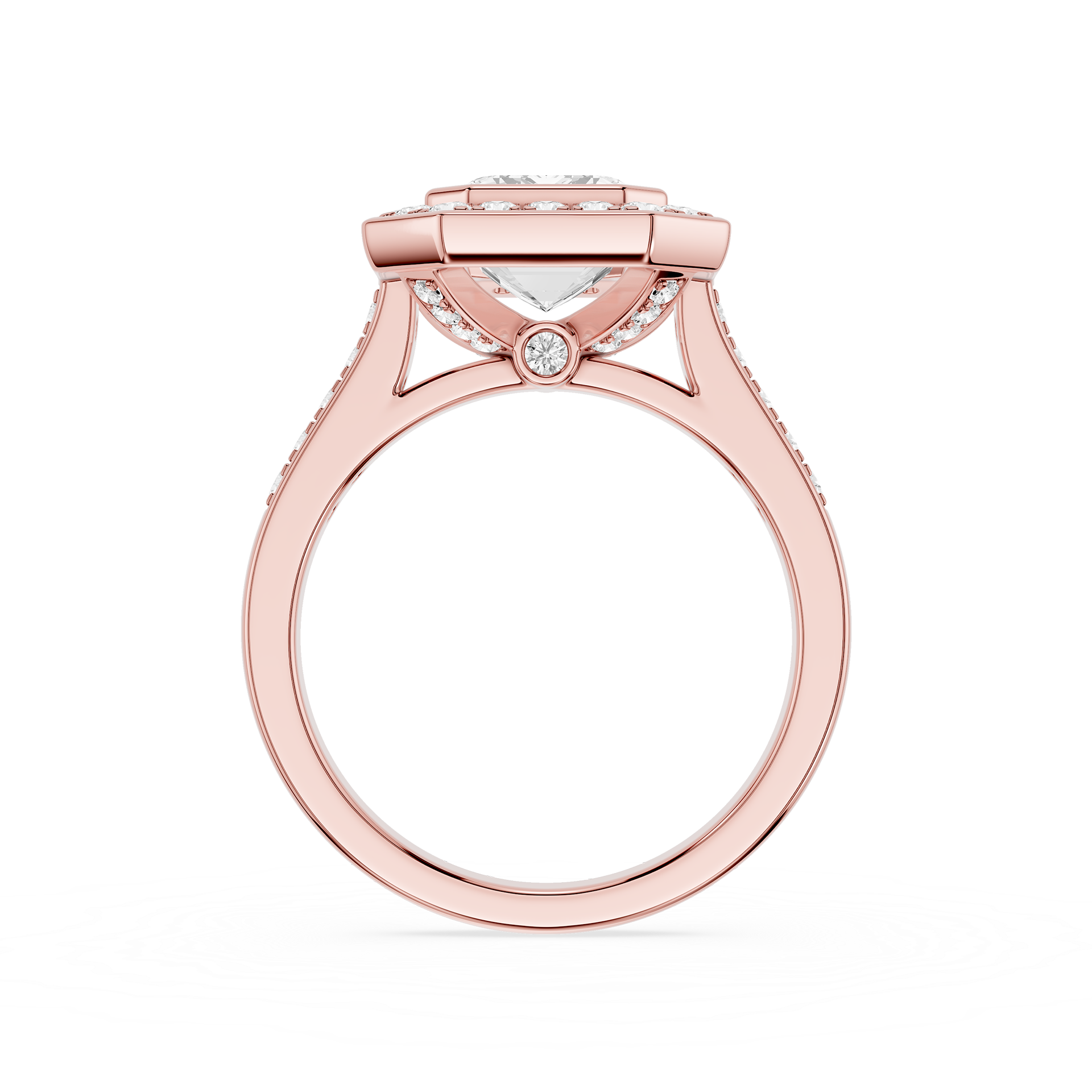 Rose gold ring with a diamond on a white background