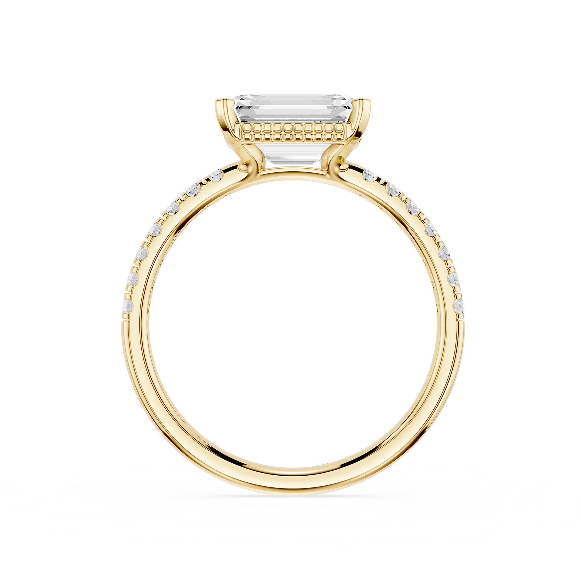 A yellow gold ring featuring a rectangular baguette-cut clear gemstone in a prong setting, with a pavé band accented by small round diamonds, shown on a plain white background.