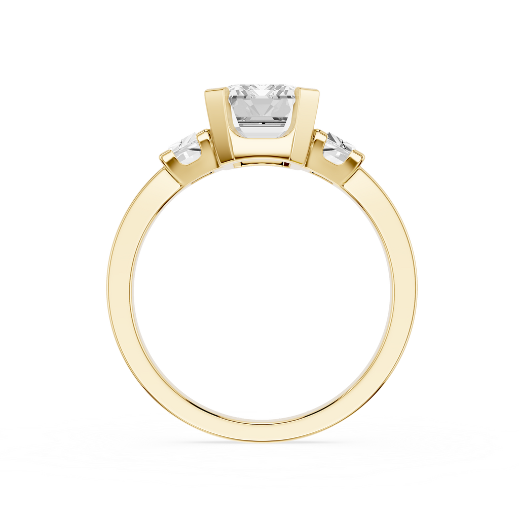 Gold ring with diamond accents on a white background