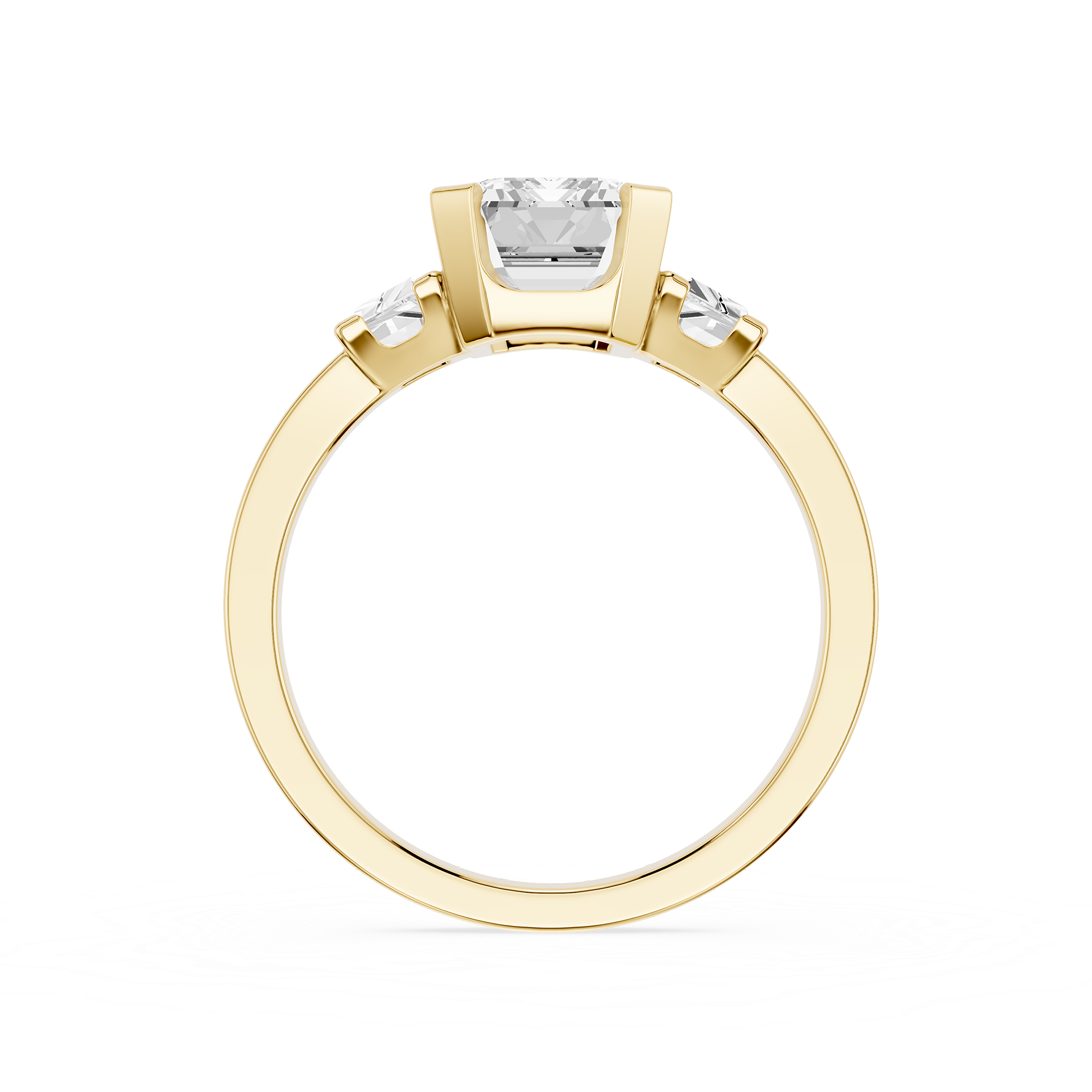 Gold ring with diamond accents on a white background