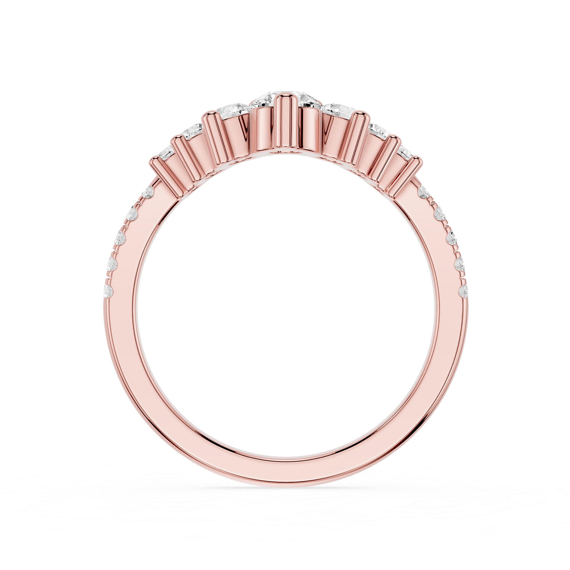 Rose gold ring with small diamonds on a white background