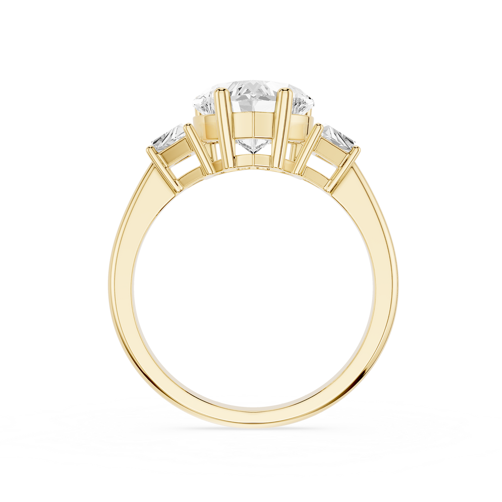 Gold ring with a central diamond and two smaller diamonds on a white background