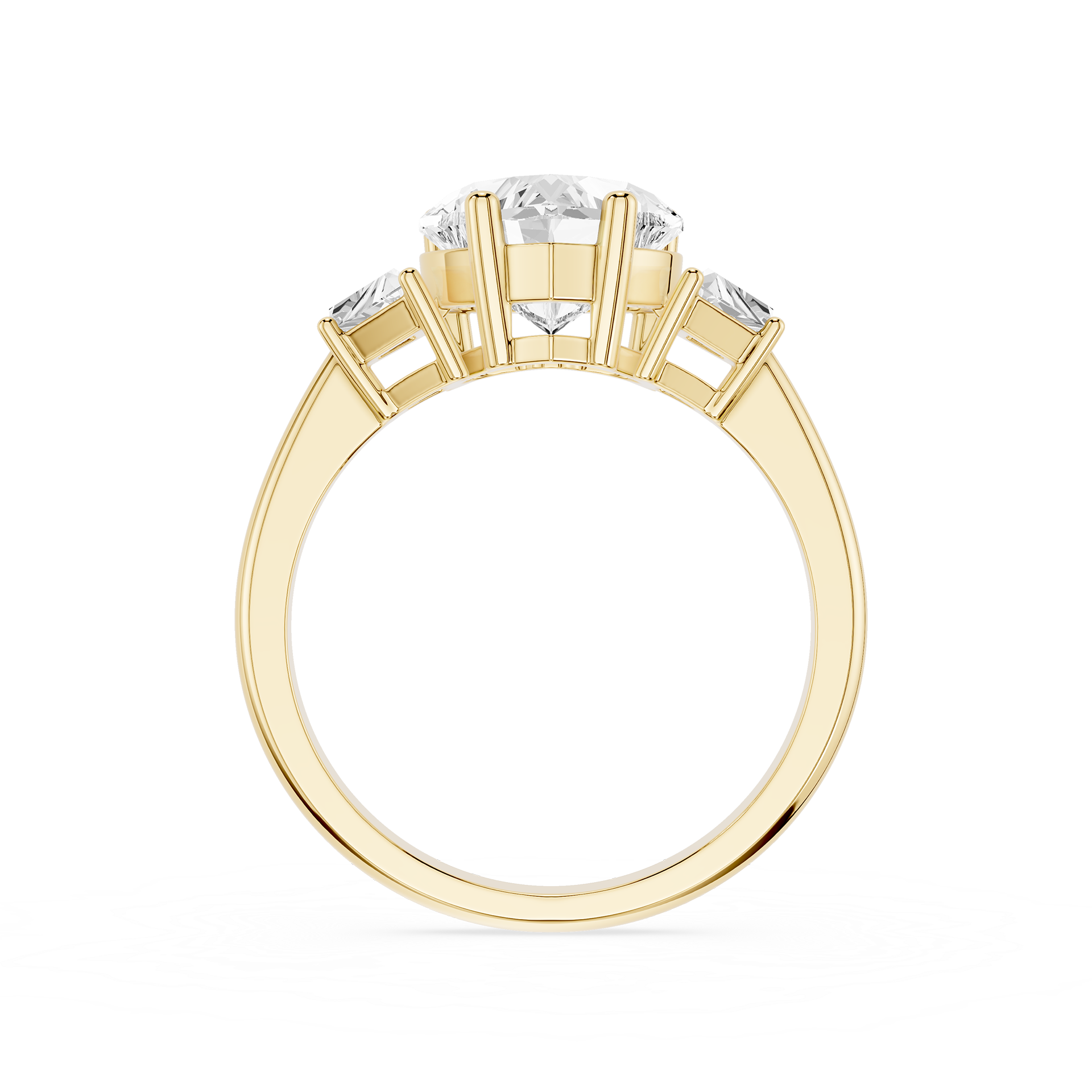 Gold ring with a central diamond and two smaller diamonds on a white background