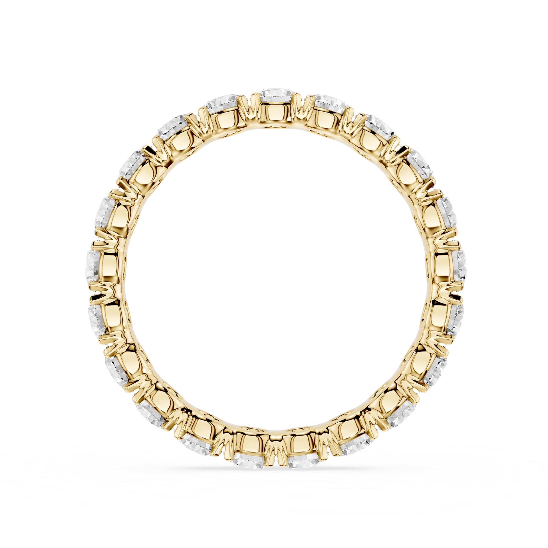 A yellow gold eternity ring featuring a continuous line of round-cut clear gemstones in a prong setting, shown against a plain white background.