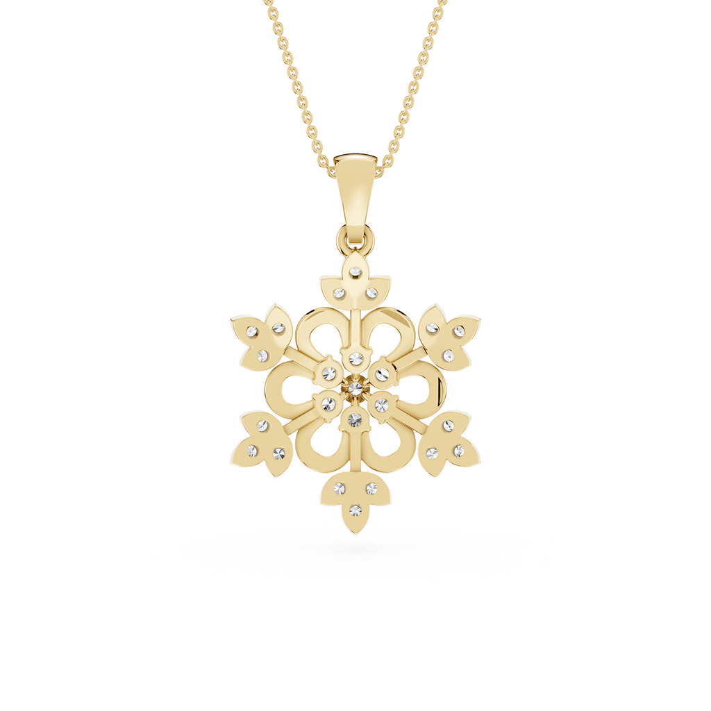 Gold snowflake pendant necklace on a white background